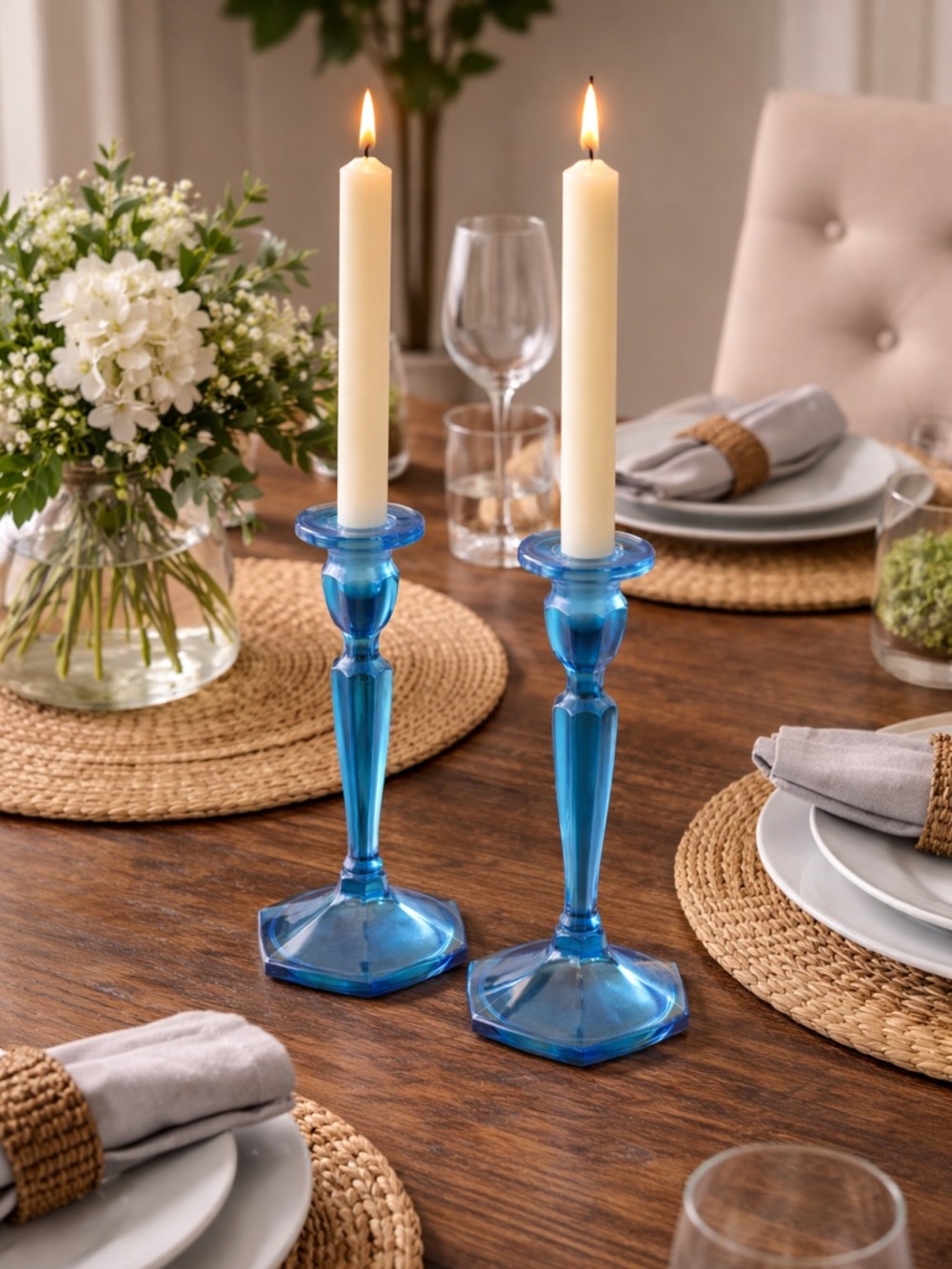 Vintage blue iridescent 9 inch candlestick holders vintage stretch glass